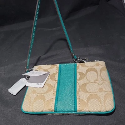 COACH F49174 Lt Khaki/Bright Jade Signature Stripe Small Wristlet Wallet Teal - Image 1 of 4