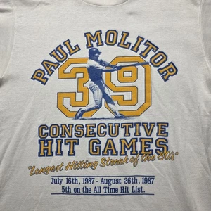 Vintage 1987 Brewers Paul Molitor 39 Consecutive Hit Games T-Shirt Men’s L USA - Picture 1 of 8