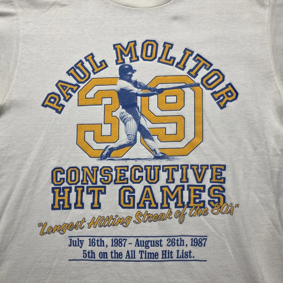 Camiseta De Colección 1987 Cerveceros Paul Molitor 39 Juegos de Éxitos Consecutivos Para Hombre L EE. UU. Foto 1 de 4