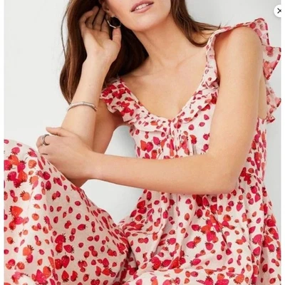 Ann Taylor Strawberry Linen Blend Ruffle Sleeve Flare Dress 12 - Image 1 of 4