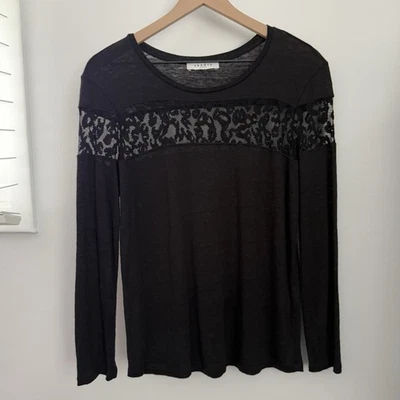 Sandro 3 US Large Black Linen Long Sleeve Tee Leopard Mesh Stripe Relax Career - Image 1 of 4