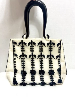 Ivory Evening Bag W/ Black Beads Floral Mini 8 1/2” X 6” X 2 1/2” Top Handle - Image 1 of 4