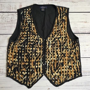 Life Style Vintage Woven Vest Size Large Cotton Blend Black Brown Animal Print - Picture 1 of 7