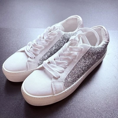 Aqua by Bloomingdales Play Distressed Glitter Platform Sneakers size 8.5 silver - Image 1 of 4