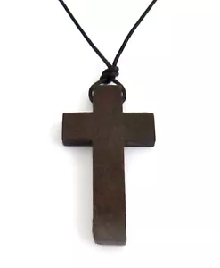 WOODEN CROSS NECKLACE PENDANT CHARM WOOD BLACK CORD JESUS CRUCIFIX MEN WOMEN - Picture 1 of 5