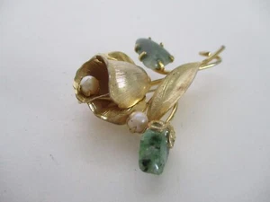 Vintage Gold Tone Rose Pin Faux Pearls & Jade Stones - Picture 1 of 12