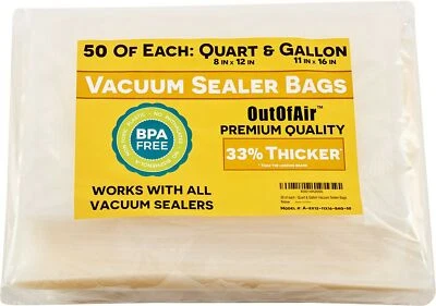 100 Vacuum Sealer Bags: 50 Quart (8" x 12") and 50 Gallon (11" x 16") OutOfAir