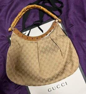 Gucci Bamboo Handle GG Canvas Studded Hobo Bag Beige Used Italy 1242932684 - Picture 1 of 18
