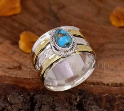 Anillo inquieto hecho a mano banda giratoria ancha de plata esterlina turquesa cobre azul Foto 1 de 4