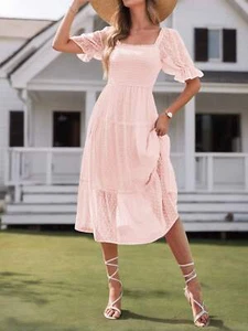 Women's 2025 Summer Square Neck Puff Sleeve Boho Midi Dress Dot Ruffle Dress - Picture 1 of 13