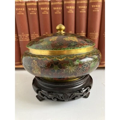 Antiguo cuenco cloisonné de 4" x 6" de 1900 con tapa marrón/verde/dorado y base Foto 1 de 4