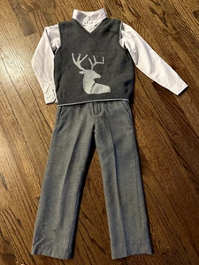 EUC Janie & Jack Sz5 Holiday Outfit Set w Shirt, Pants & Vest "Reindeer Dashing" - Picture 1 of 4