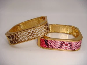 LOT OF TWO KJL SIMULATED SNAKE SKIN BANGLE BRACELETS PINK BROWN GOLD TONE ESTATE - Picture 1 of 14