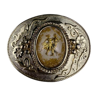 Vintage Unisex Gold Tone Western Belt Buckle Dancing Couple Embossed Floral Oval - Picture 1 of 4
