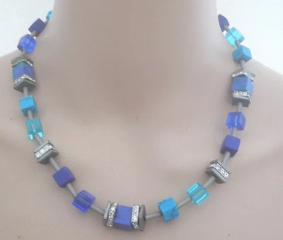 Halskette Würfel Glas Hämatit, Edelstein, Türkis, lapis, Blau Türkis Strass 211a - Bild 1 von 4