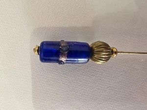 VTG Beads Blue Artbead, Quartz on Goldp. Scarf or HAT PIN Hatpin 6" with Clutch  - Picture 1 of 5