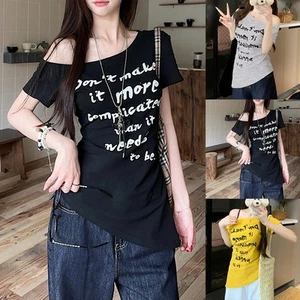 Unique Letter Print Womens Slim Fit Offshoulder Tshirt for Casual Days - Picture 1 of 28