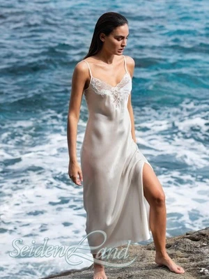 Seide Negligee lang LACE SEDUCTION elfenbein weiß von Luna di Seta mit Spitze - Bild 1 von 3