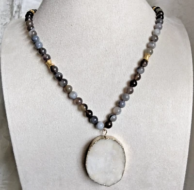 Botswana Agate Necklace Banded agate Beads Druzy Quartz Pendant Natural Colors - Image 1 of 4
