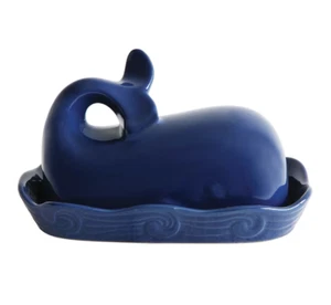Dark Blue Whale Shaped Butter Dish with Lid Stoneware 7" - Picture 1 of 6