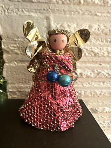 Vintage Handmade Handcrafted Christmas Foil Angel Tree Topper Pink Gold