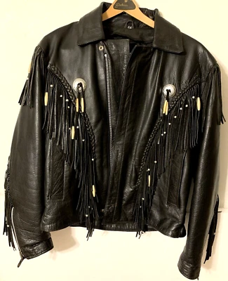 Chaqueta de motociclista de cuero trenzada con flecos Unik de colección talla 44 negra forro con cremallera Foto 1 de 4