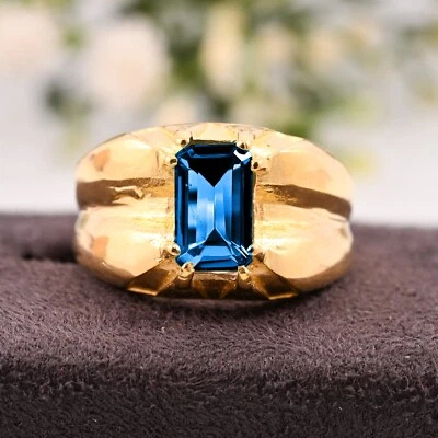 Anel masculino presente de casamento ouro amarelo 14K feito à mão AAA natural Londres topázio azul - Imagem 1 de 3