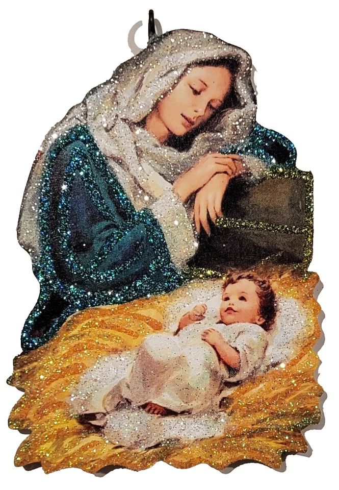 ADORING MARY, BABY JESUS, HAY BED,  MANGER *  CHRISTMAS ORNAMENT * Vtg Img - Image 1 of 1