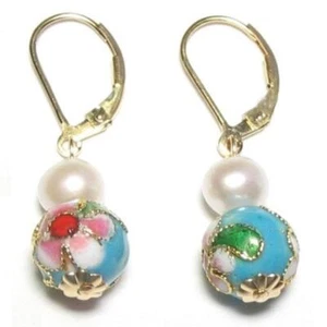 Pendientes traseros de palanca de cuentas cloisonne blanco perla y azul oro amarillo 14K o plata - Imagen 1 de 1