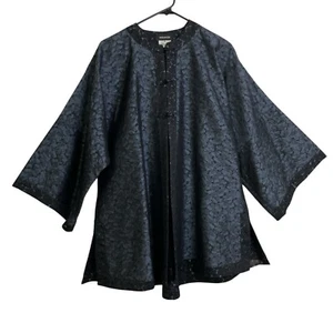 ESKANDAR Size 0=S/M Black Blue Wool Silk Leaf Jacquard Oversized Haori Jacket - Picture 1 of 17