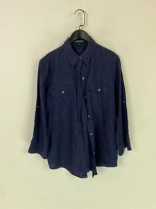 Lauren Ralph Lauren Navy Linen Shirt Button Front Collared Pocket Long Sleeve L - Picture 1 of 9