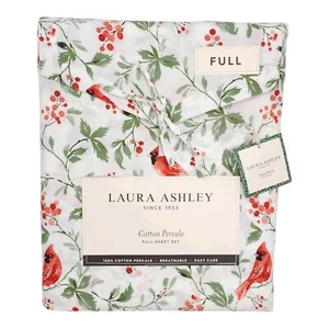 Laura Ashley Full/Double Sheet Set Cotton Percale Holiday Jolly Cardinals - Picture 1 of 9