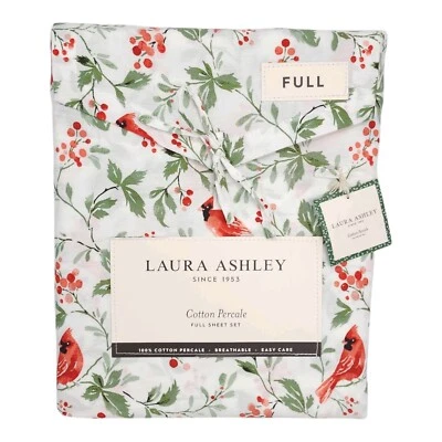 Conjunto de lençóis Laura Ashley completo/duplo algodão percal feriado Jolly Cardinals - Imagem 1 de 4