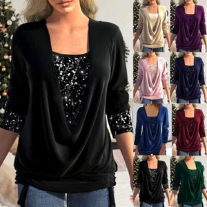 Women Sparkly Sequins Xmas Party Tops Blouse Christmas Shirts Pullover PLUS SIZE - Picture 1 of 42