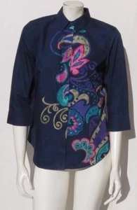 CHICO’S Navy Blue Paisley Print No Iron Cotton ¾ Sleeves Blouse Shirt Top sz 6 8 - Bild 1 von 5