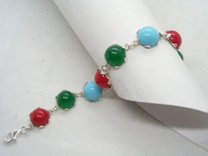 Braccialetto in Argento 925 con Pietre - imitazione giada corallo turchese - - Foto 1 di 6