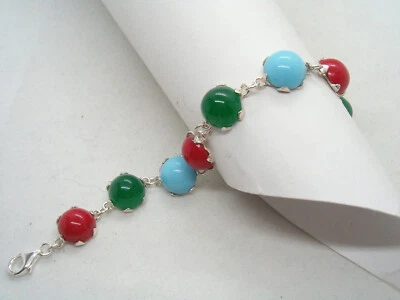 Braccialetto in Argento 925 con Pietre - imitazione giada corallo turchese - - Immagine 1 di 4