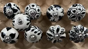 Lot Of 9 Handmade Ceramic Knobs Cabinet Hardware Handle Drawer Pull Black White - Picture 1 of 12