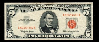 1963 $5 United States Note Red Seal FREE SHIPPING (P8) - Image 1 of 3