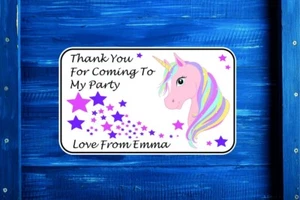 Personalisierte Einhorn Geburtstag Aufkleber 35 Etiketten Partytasche Geschenktüten 60x35mm - Bild 1 von 2