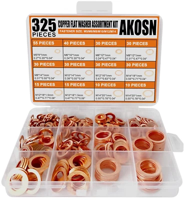 AKOSN 325 PCS, 10 Sizes, Premium Copper Metric Sealing Crush Washers Assortment Kit, U