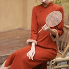 Women Chinese Cheongsam Dress Side Slit Faux Fur Trim Thick Long Sleeve Winter