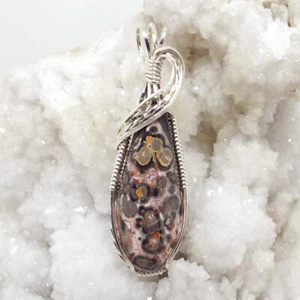 Leopard Jaspis, drahtumwickelt, Halskette, Sterlingsilber, grün, gelb, #1763 - Bild 1 von 4