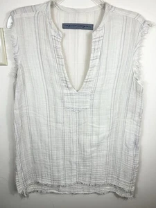 Raquel Allegra Tunika Top Damen Gr. 1-M elfenbein hauchdünn ärmellos Fransen gestreift - Bild 1 von 6