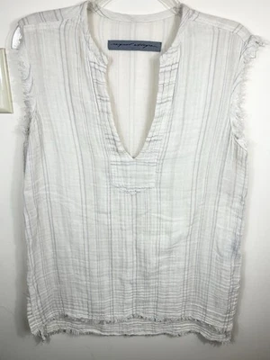 Top túnica Raquel Allegra para mujer talla 1-M marfil gasa sin mangas con flecos a rayas Foto 1 de 4