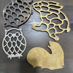 Lot of 4-Vtg BRASS/Metal Trivets~Variety of Patina/Sizes~Owl-Seal-Turtle-Rabbit - Picture 1 of 8