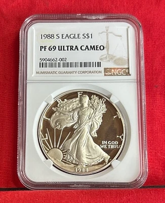 🔥1988 S PROOF $1 Silver American Eagle Coin Graded PF 69 Ultra Cameo by NGC!🔥 - Image 1 of 2
