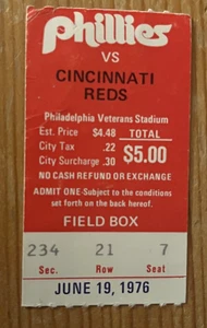 Boleto PHILLIES/REDS STUB-SCHMIDT HR #112/GARY NOLAN WIN/CARLTON 8 K'S 19/06/76 - Imagen 1 de 1