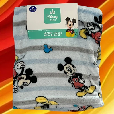 NEW Disney Baby Mickey Mouse Posing Stripes Plush Baby Blanket Toddler Blue Grey - Image 1 of 4