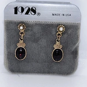 1928 Brand Drop Dangle Pierced Earrings Red Garnet Stone Color Gold Tone USA - Picture 1 of 4